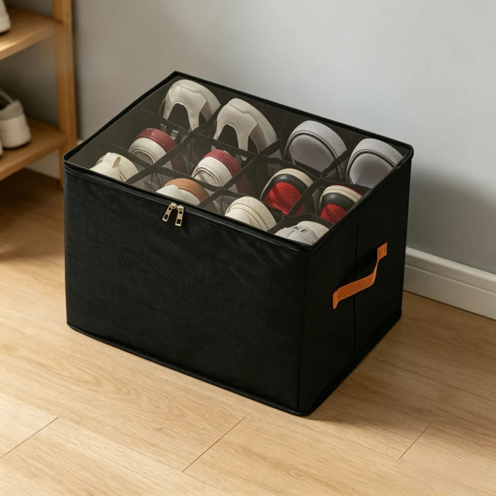 boîte rangement chaussures noire tissu non tissé moderne poignées orange 12 compartiments pliable