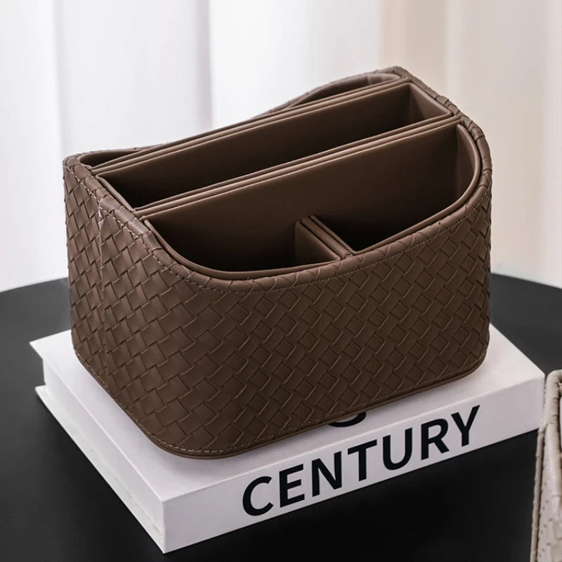 boîte rangement rotative cuir tressé marron gris moderne cosmétiques lunettes écouteurs pochette brosse maquillage