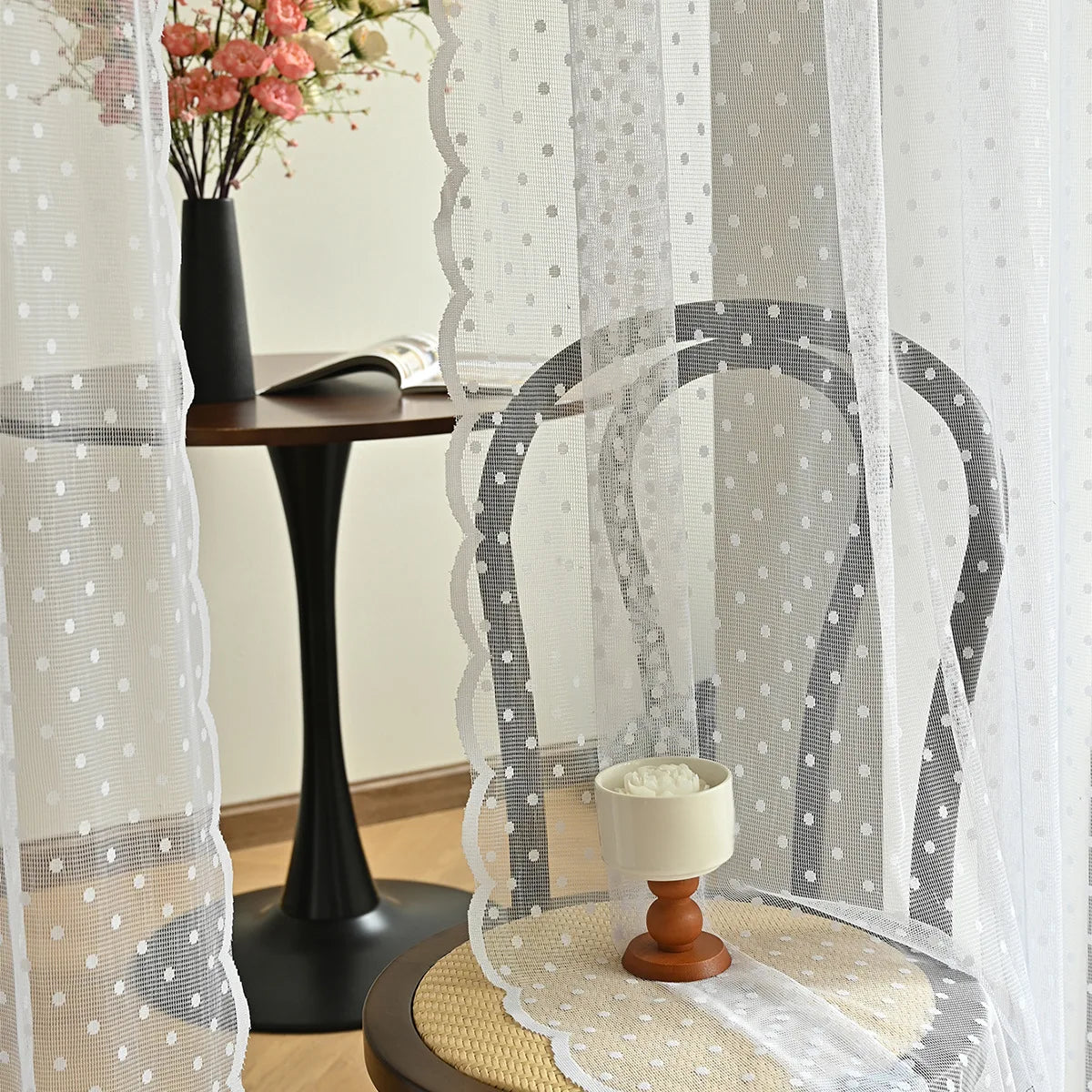 rideau blanc pois transparent classique polyester coton salon chambre deux panneaux