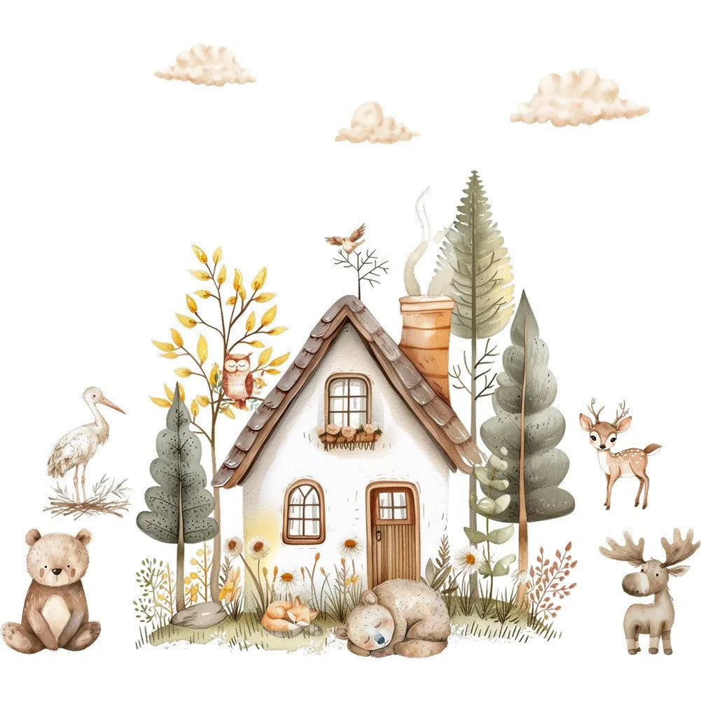 sticker mural illustration aquarelle maison animaux foret enfantine decoration nuages arbres
