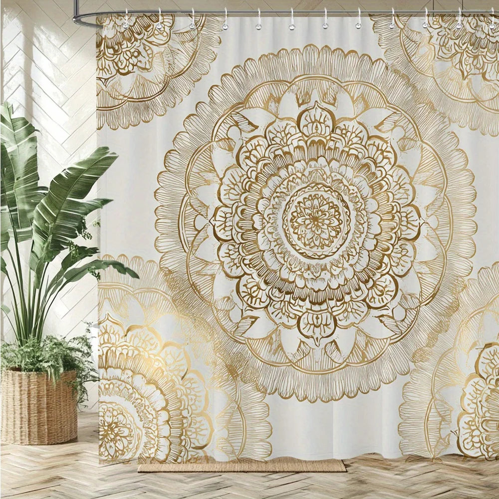 rideau douche boho chic mandala blanc doré motifs floraux anneaux métalliques 180x180cm