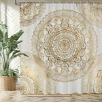 rideau douche boho chic mandala blanc doré motifs floraux anneaux métalliques 180x180cm