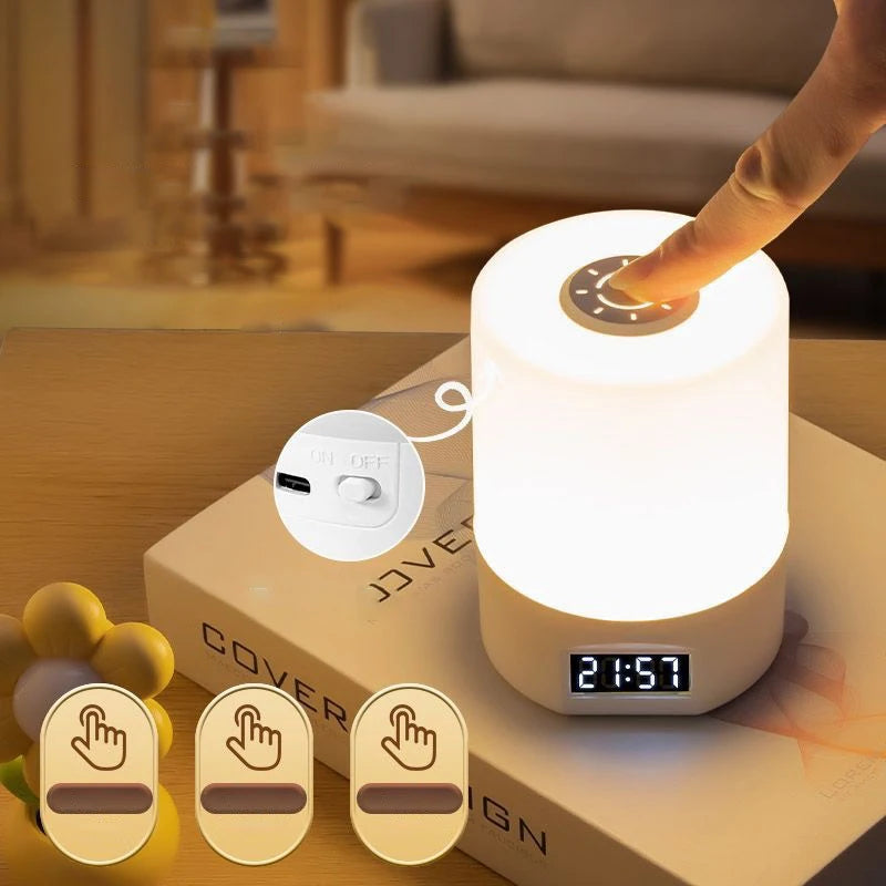 lampe table rechargeable blanc moderne affichage heure bouton tactile trois modes luminosité