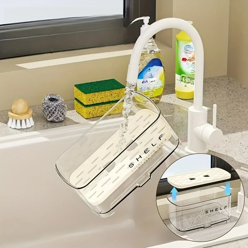 étagère cuisine transparente moderne clips brosse gant nettoyage rangement multifonctionnels