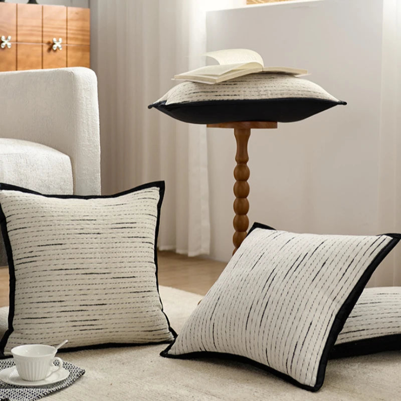 coussins carrés blanc noir rayures moderne housses jacquard polyeste décoration intérieure nordique fixations