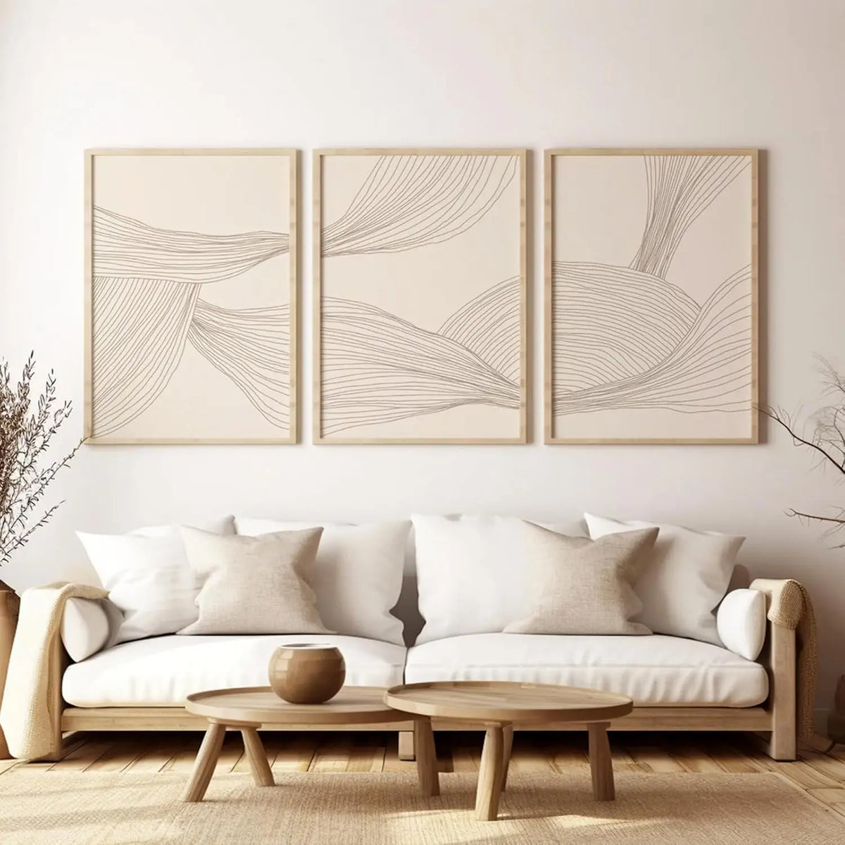 tableaux abstraits contemporains lignes ondulées beige toile sans cadre ensemble trois