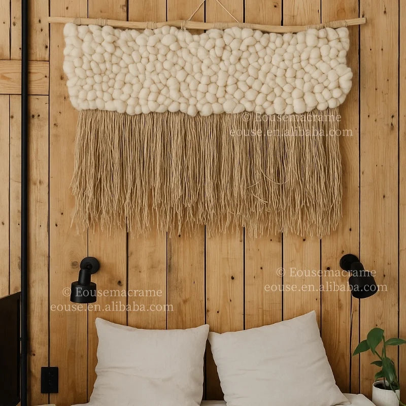 tapis suspendu boho franges boules laine tapisserie murale artisanal beige clair coton polyesterintérieur décoration