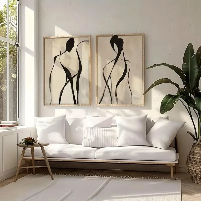 deux tableaux abstraits figures humaines noir beige minimaliste moderne decoration salon chambre tissu toile