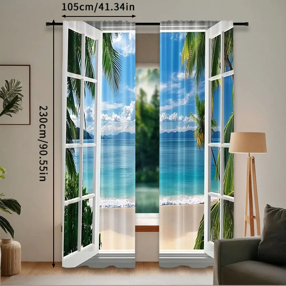 rideau moderne paysagiste marine palmiers ciel bleu plage blanche bleu vert blanc beige translucide