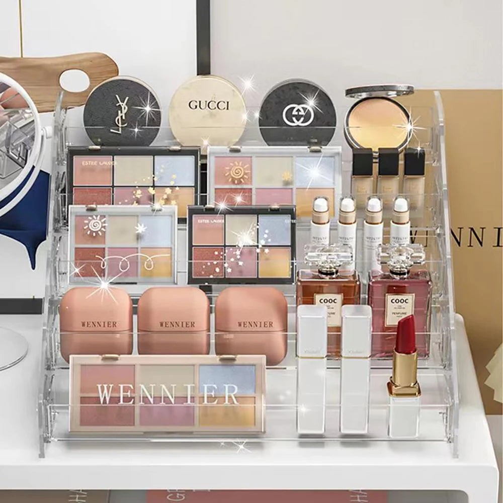 organisateur maquillage transparent palette fards plastique acrylique moderne minimaliste miroir table produits cosmétiques