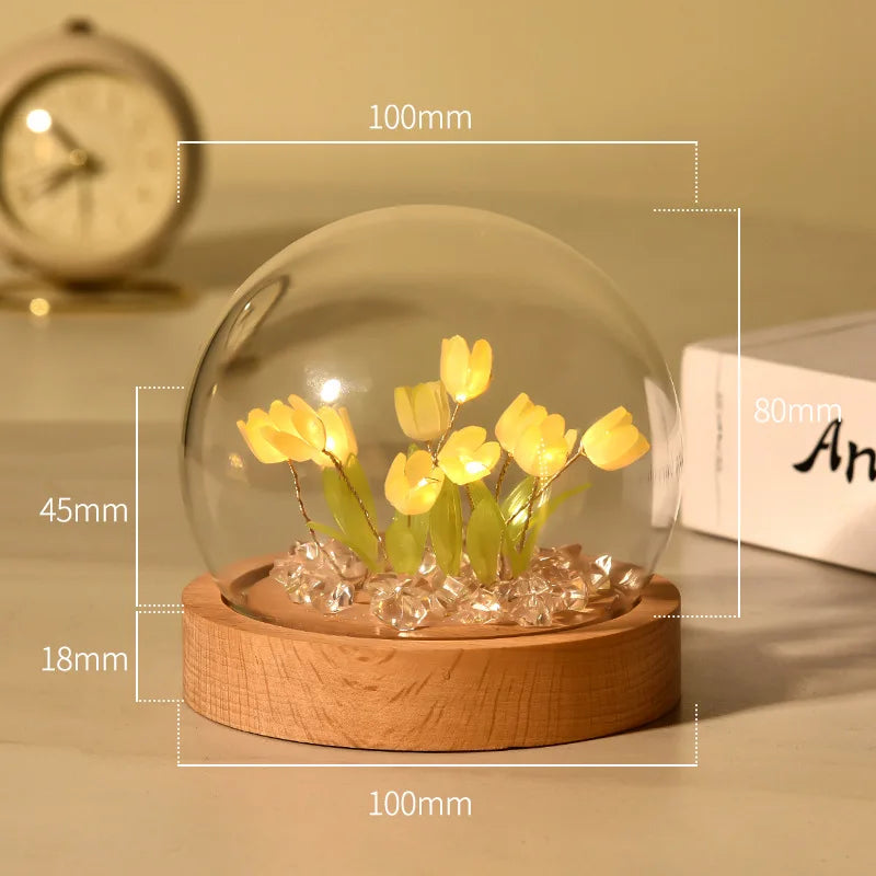 tulipe artificielle led multicolore verre transparent base bois créative lumineuse chambre simple moderne