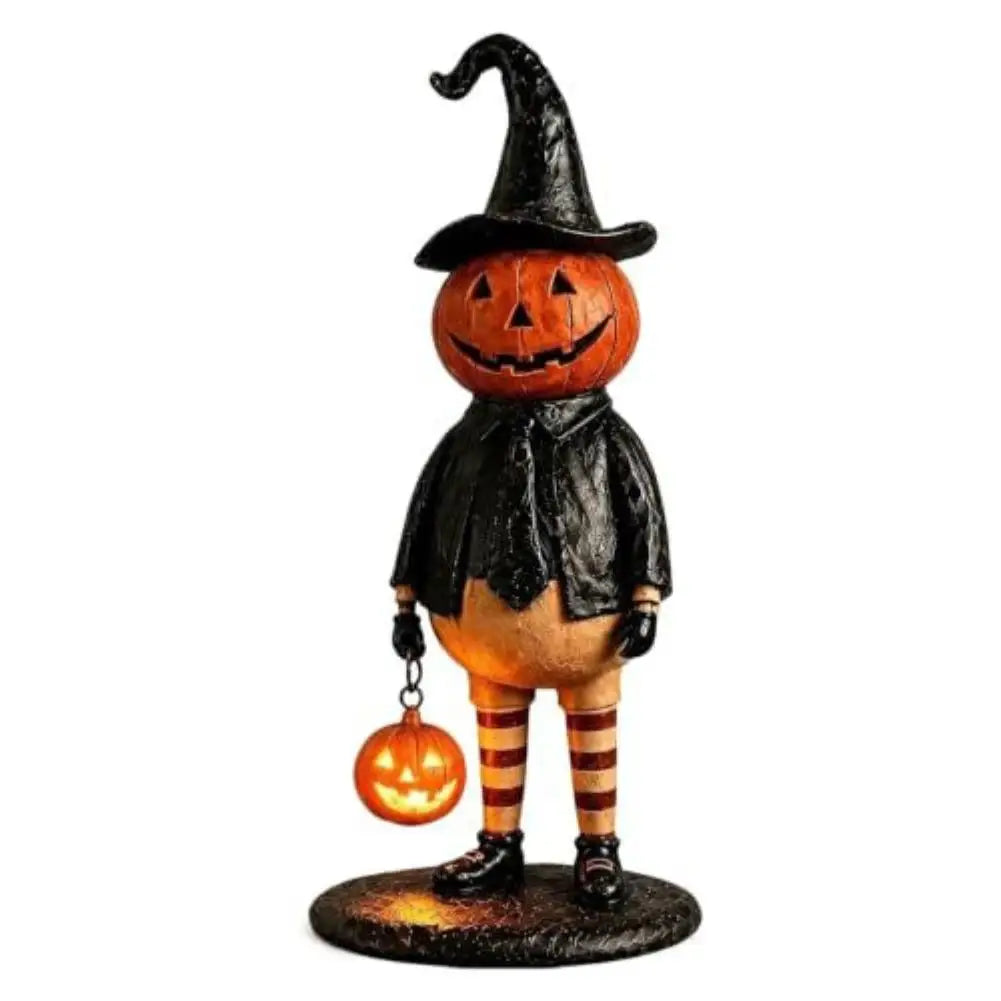 figurine citrouille halloween orange chapeau robe noire bas sculptée décoration intérieure festive