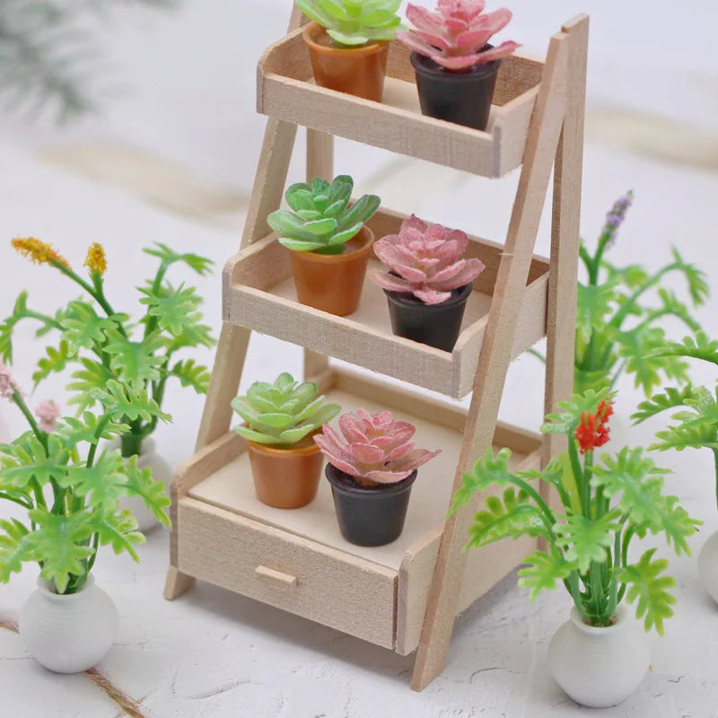 Étagère en bois miniature pour plantes 1:12