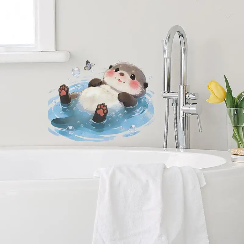 sticker mural bébé castor dessin animé gris marron blanc bleu rose bulles papillon adhésif