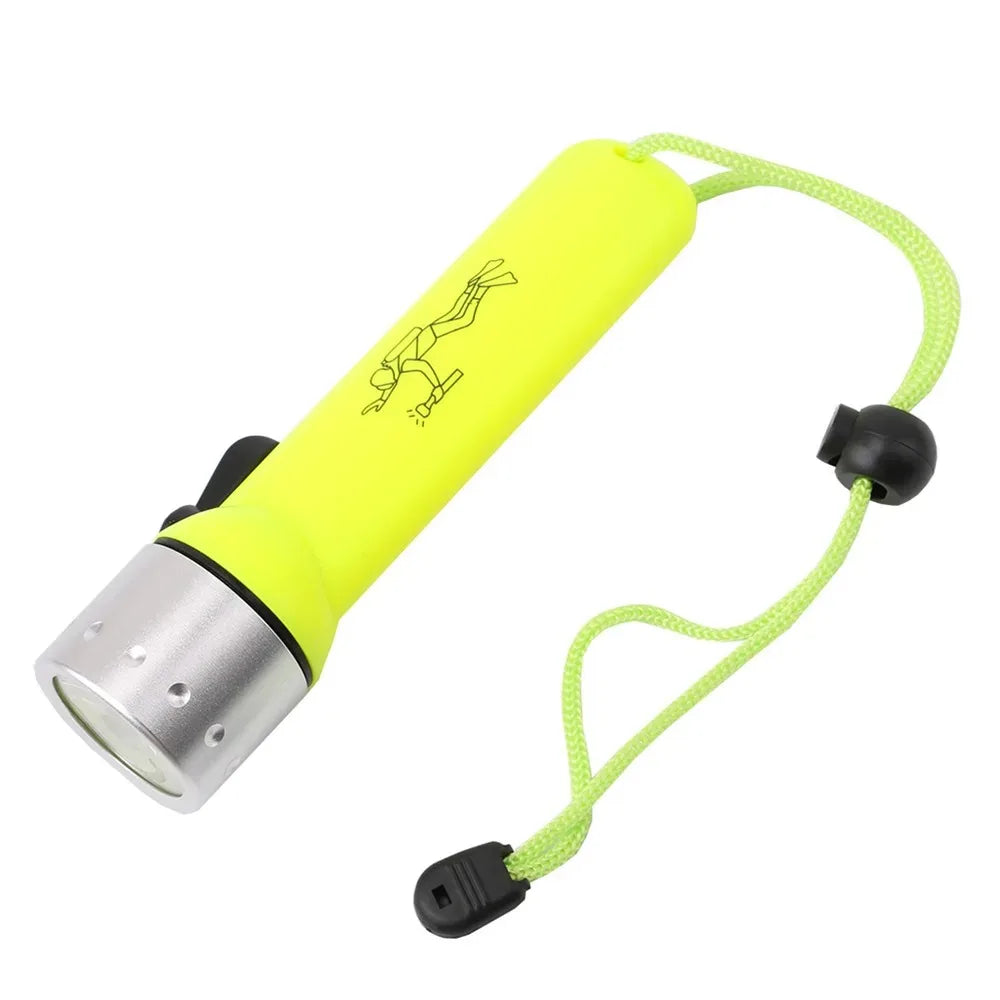 lampe torche sous marine vert fluo argent imprimée plongeur moderne pratique cordon serrure piles