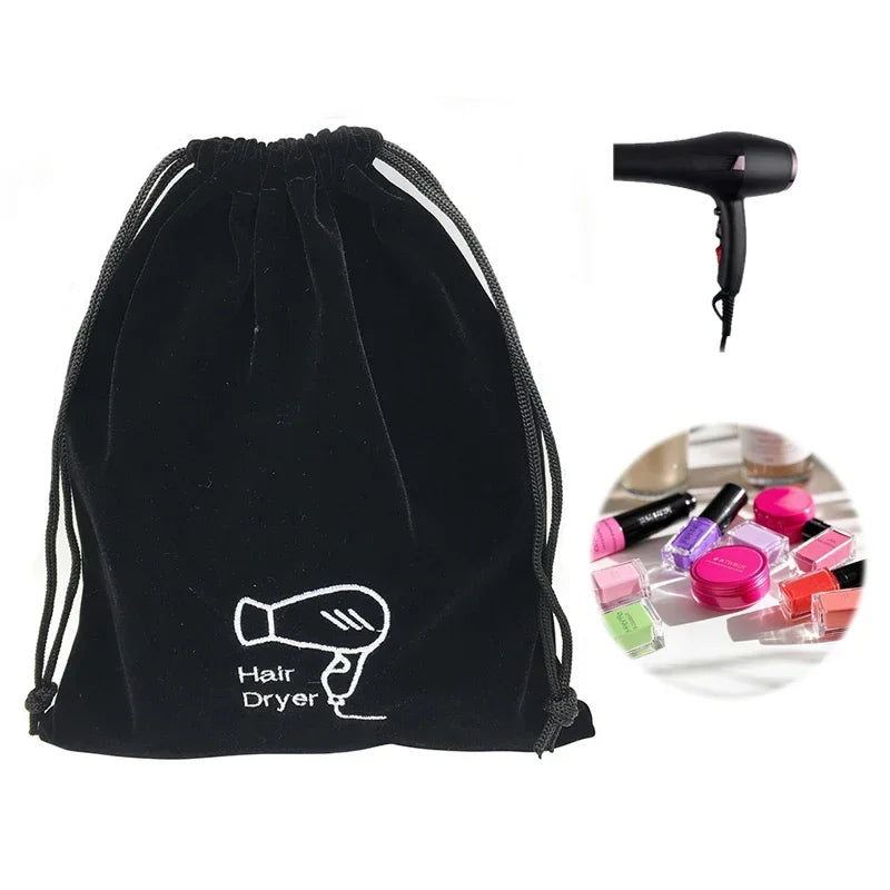 sac rangement noir velours sèche cheveux brodé cordon serrage utilitaire multi usage compression 26x30cm