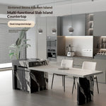 îlot cuisine moderne pierre marbrée blanc gris rectangle décoration élégante maison