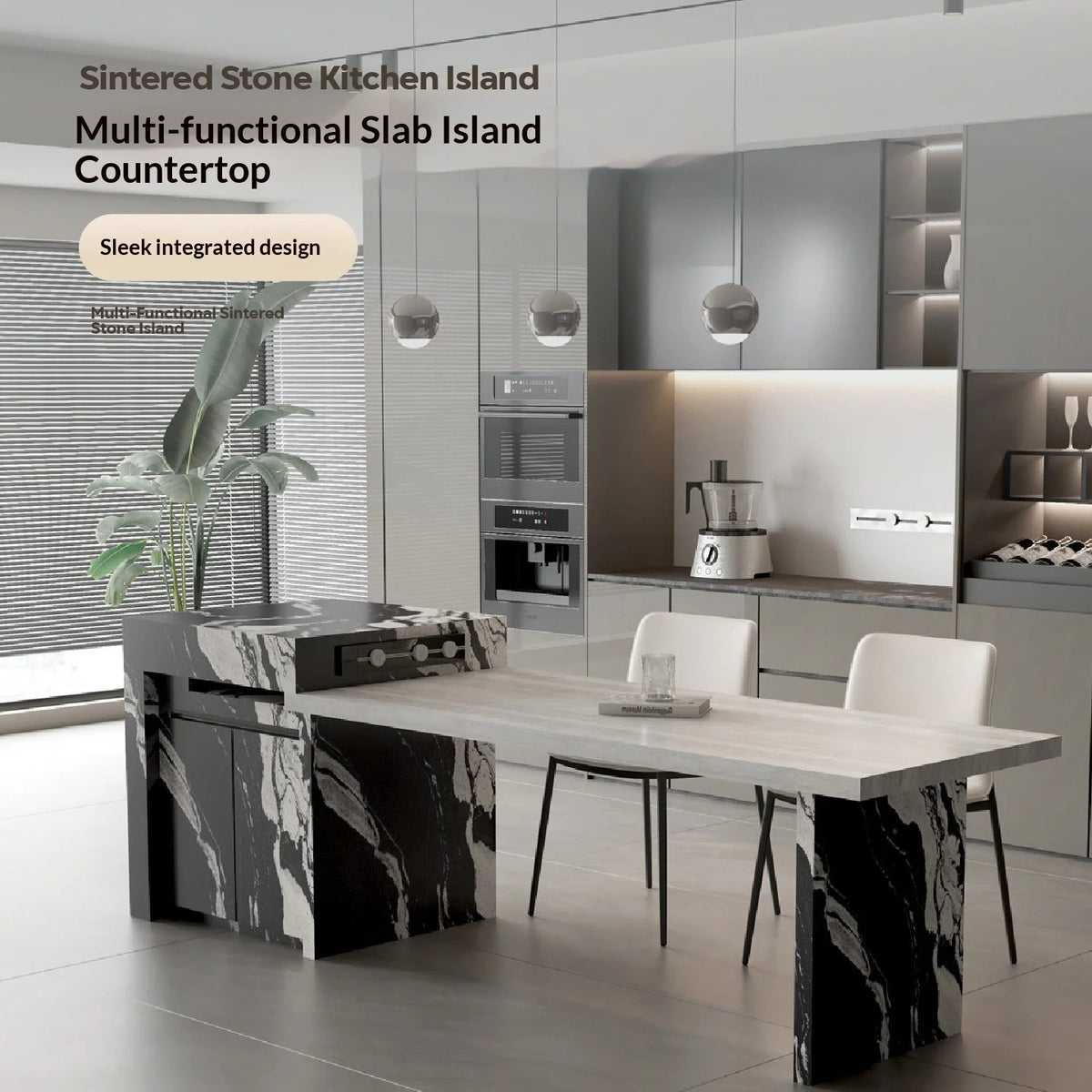 îlot cuisine moderne pierre marbrée blanc gris rectangle décoration élégante maison