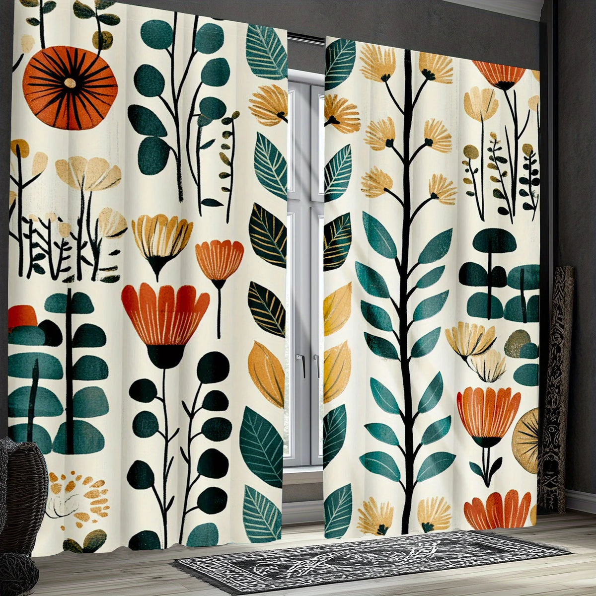 rideau moderne fleurs stylisées beige vert orange jaune noir opaque polyester fenêtre