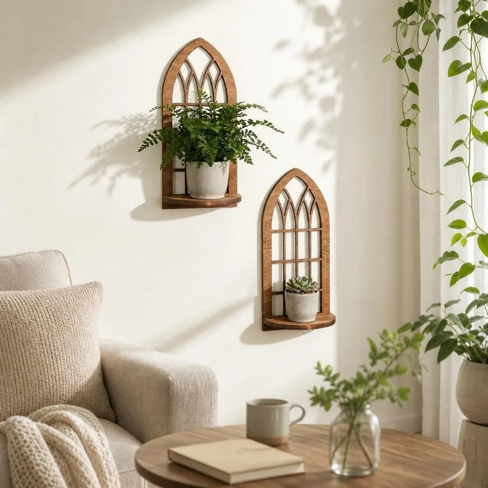 étagères murales bois naturel motifs géométriques modernes minimalistes accrochées adhésif pots plantes