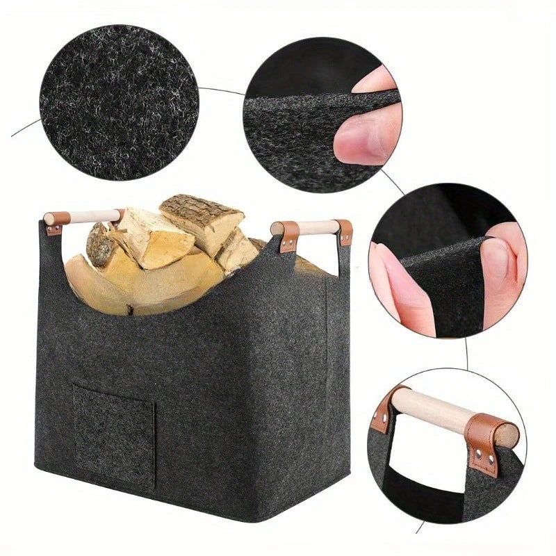 panier bois chauffe feutre gris foncé pliable poignées cuir moderne rangement sac transport large