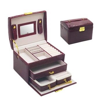 boîte bijoux rouge croco miroir compartiments poignée boutons dorés classique porte bijoux sécurité