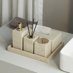 ensemble accessoires salle bain travertin beige distributeur savon plateau pot coton diffuseur moderne