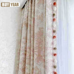 rideau rose clair vintage toile jouy classique opacité fenêtre pompons moderne