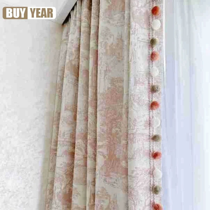 rideau rose clair vintage toile jouy classique opacité fenêtre pompons moderne