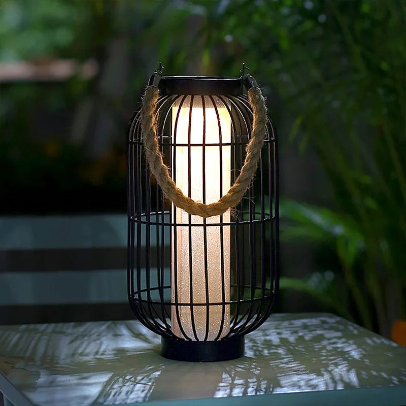 lanterne vintage rustique cage métallique corde noir toile blanche extérieure imperméable éclairage public led