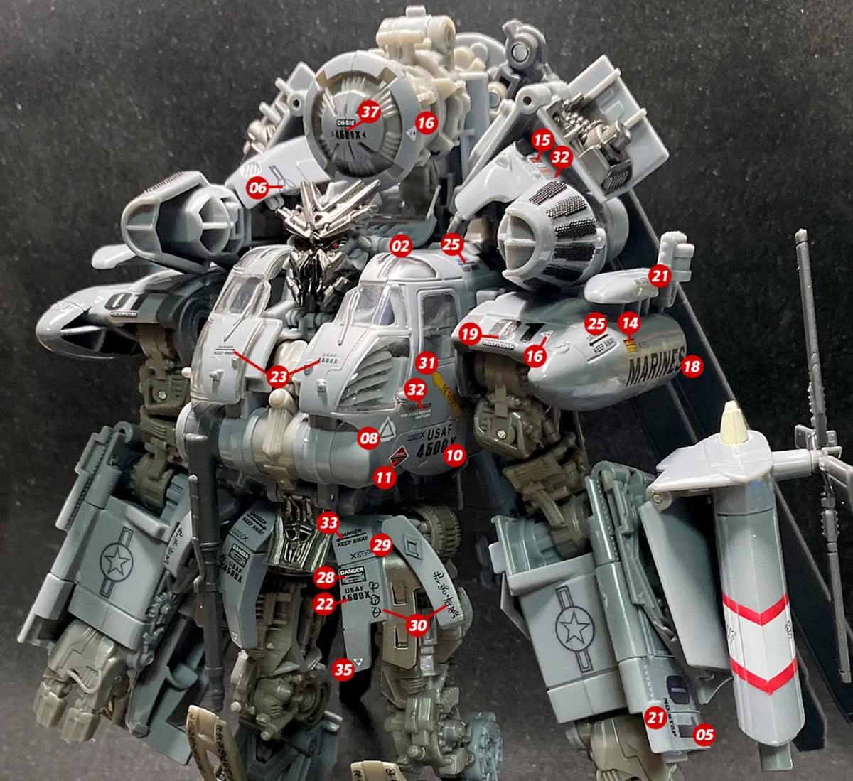 stickers personnalisables robot transformable hélicoptère militaire détaillé gris métallisé armes emblèmes tactical papier