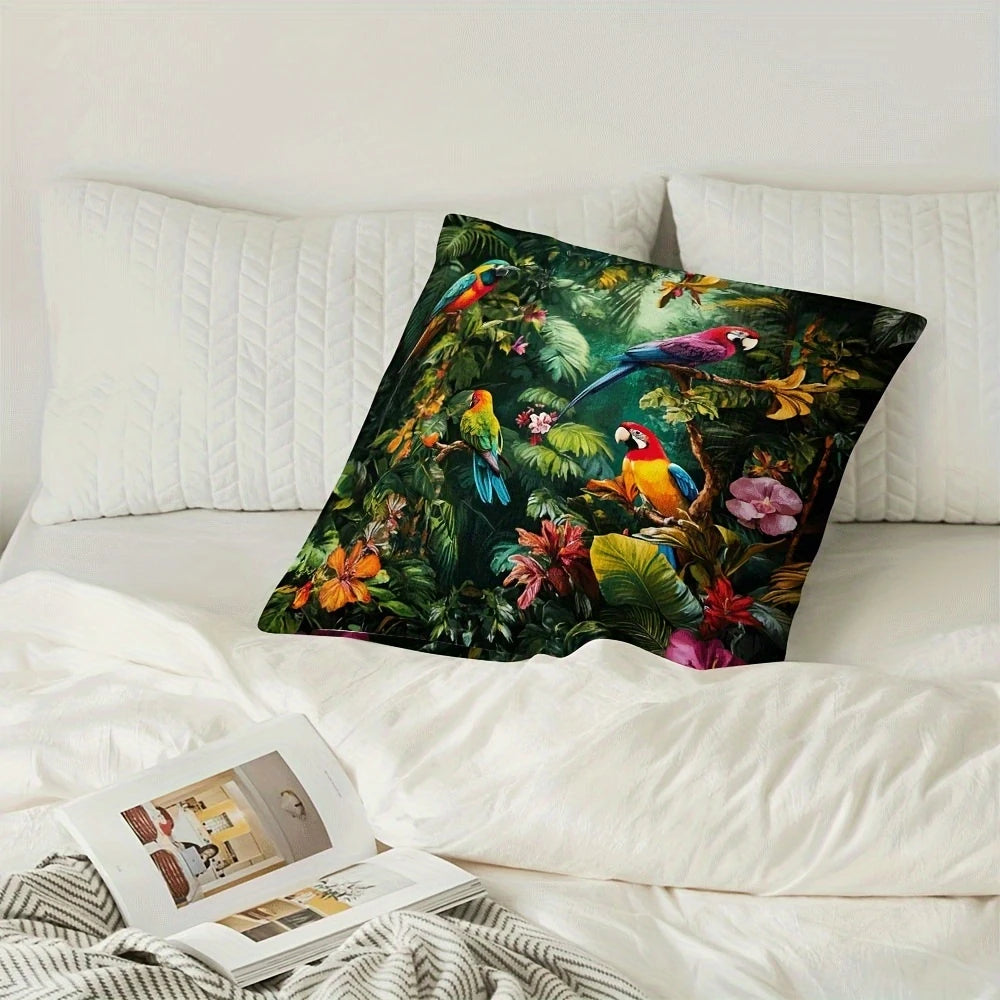 housse coussin motif oiseaux exotiques fleurs tropical moderne maison polyester peachskin vibrant multicolore