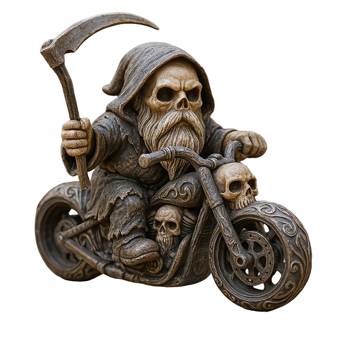 statue fantaisie gothique nain squelette moto crânes motifs sculptés base bois vintageextérieur jardin decoration