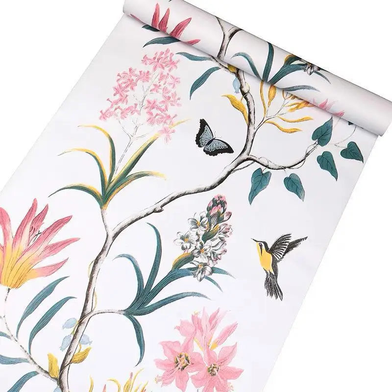 papier peint fleurs oiseaux adhésif vinyle pvc classique romantique beige rose vert bleu gris