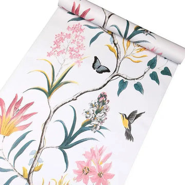papier peint fleurs oiseaux adhésif vinyle pvc classique romantique beige rose vert bleu gris