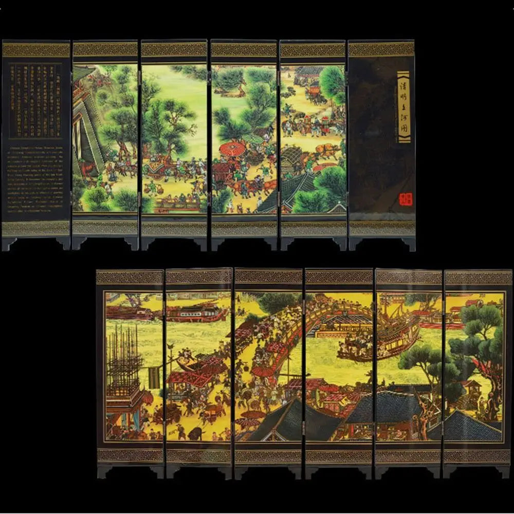 paravent chinois peinture traditionnelle paysages animaux calligraphie bois doré noir ornement chambre multifonctionnel souvenirs