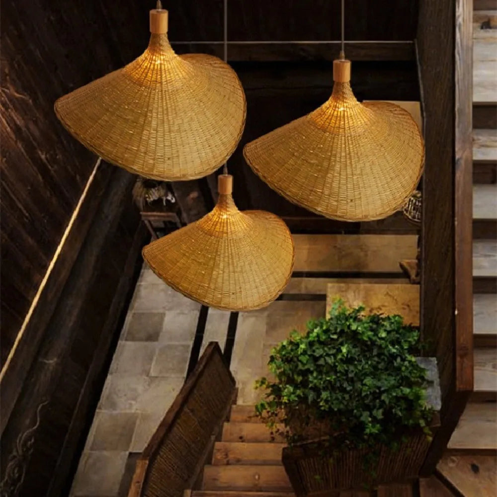 Suspension lumineuse tissée osier naturel moderne rustique câble ajustable douille E27