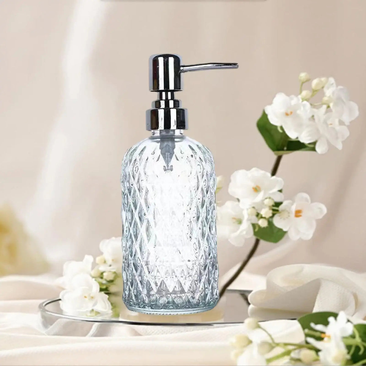 distributeur savon liquide verre transparent moderne bleu vert orange gris rechargeable comptoir salle bains