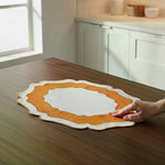 sets table coton abstraits vert jaune orange marron blanc modernes minimalistes textures douces assiettes