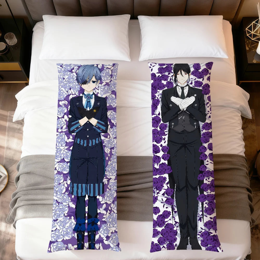 coussin allongé anime violet bleu blanc fleurs stylisées personnages 100 polyester double face imprimé
