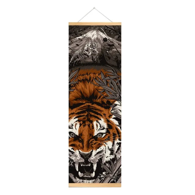 affiches suspendues japonais tigre samouraï femme paravent illustrations détaillées traditionnelles noir rouge