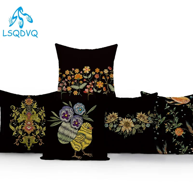 housse coussin carrée noir motif floral vintage décoration canapé lit maison chic