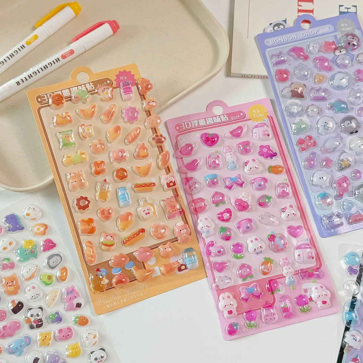 sticker kawaii multicolore animaux fruits souriant scrapbooking decoration journal papeterie 3d relief 10 feuilles