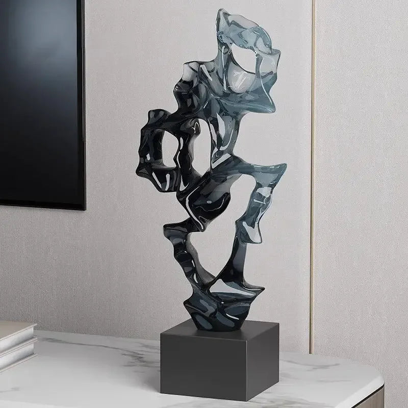 sculpture décorative abstraite moderne bleu clair noir transparent lumière reflétée living room ambiance chambre
