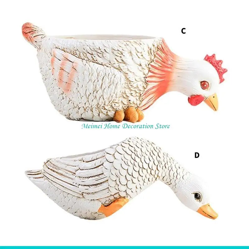 pots fleurs forme poulet canard résine imitation plumes texture rustique blanc orange rouge