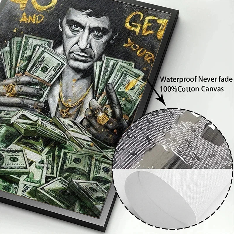 toile d'art portrait argent vert noir texte motivation contemporain réaliste billets banque