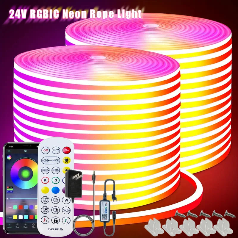 ruban led néon multicolore rayures horizontales moderne flexible clips télécommande adaptateur électrique boîte contrôle