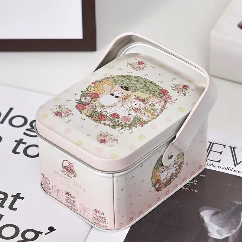 boîte biscuits blanc rose bleu vintage lapins mignons fleurs rubans anniversaire fête portable