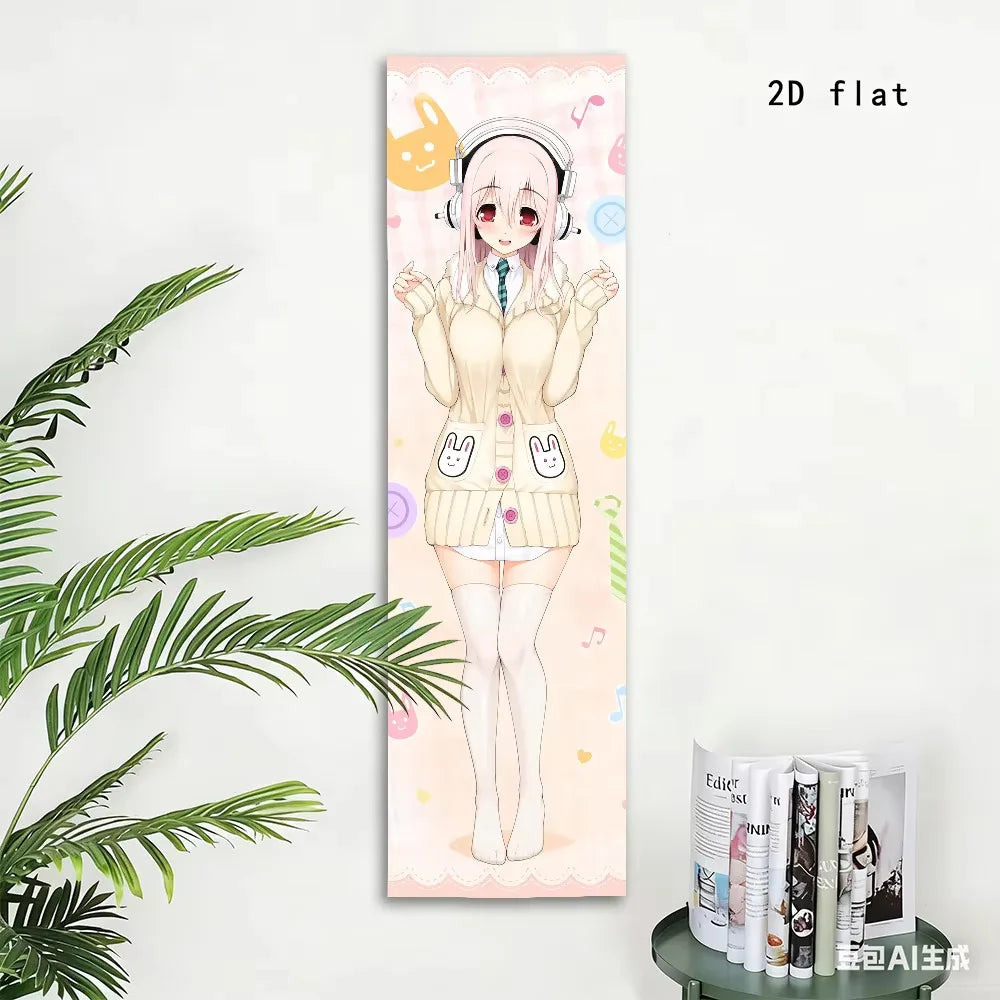 tapisserie anime jeune fille casque audio lapins décoration murale rose notes musique chambre kawaii