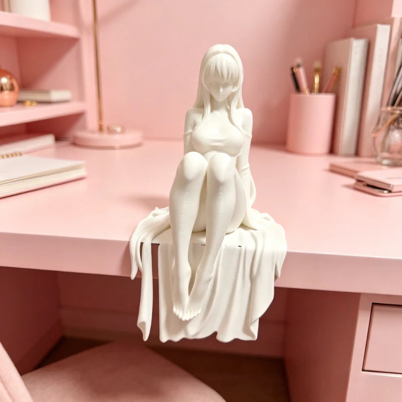 statue décorative femme assise 3d anime manga blanc rose élégante amusante